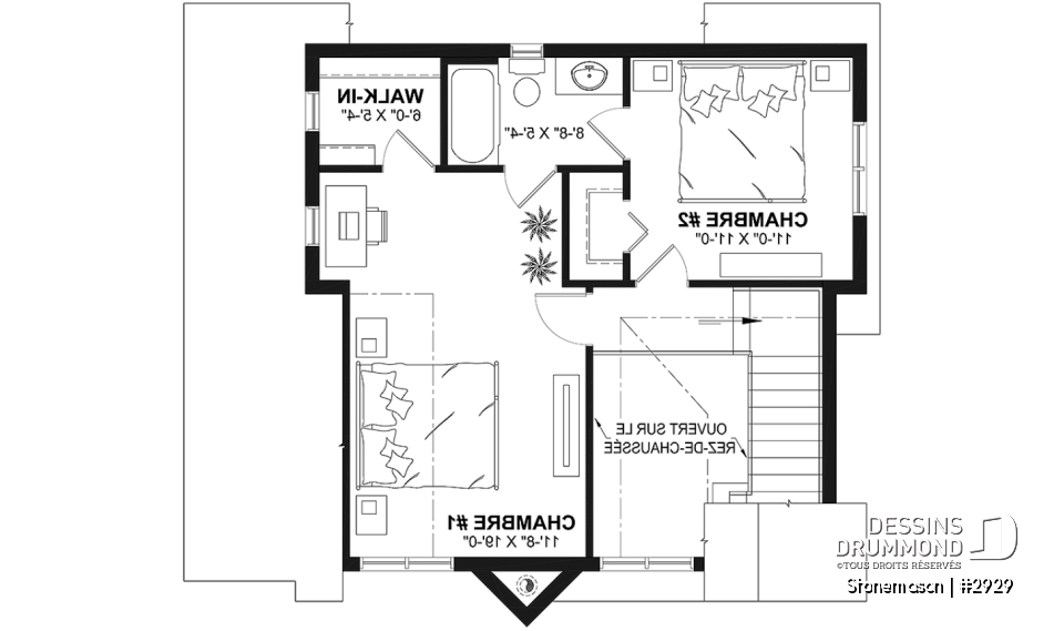 Étage - Plan de maison / chalet rustique, grand vestiaire, grand salon, 2 chambres, 2 s.bain, mezzanine - Stonemason