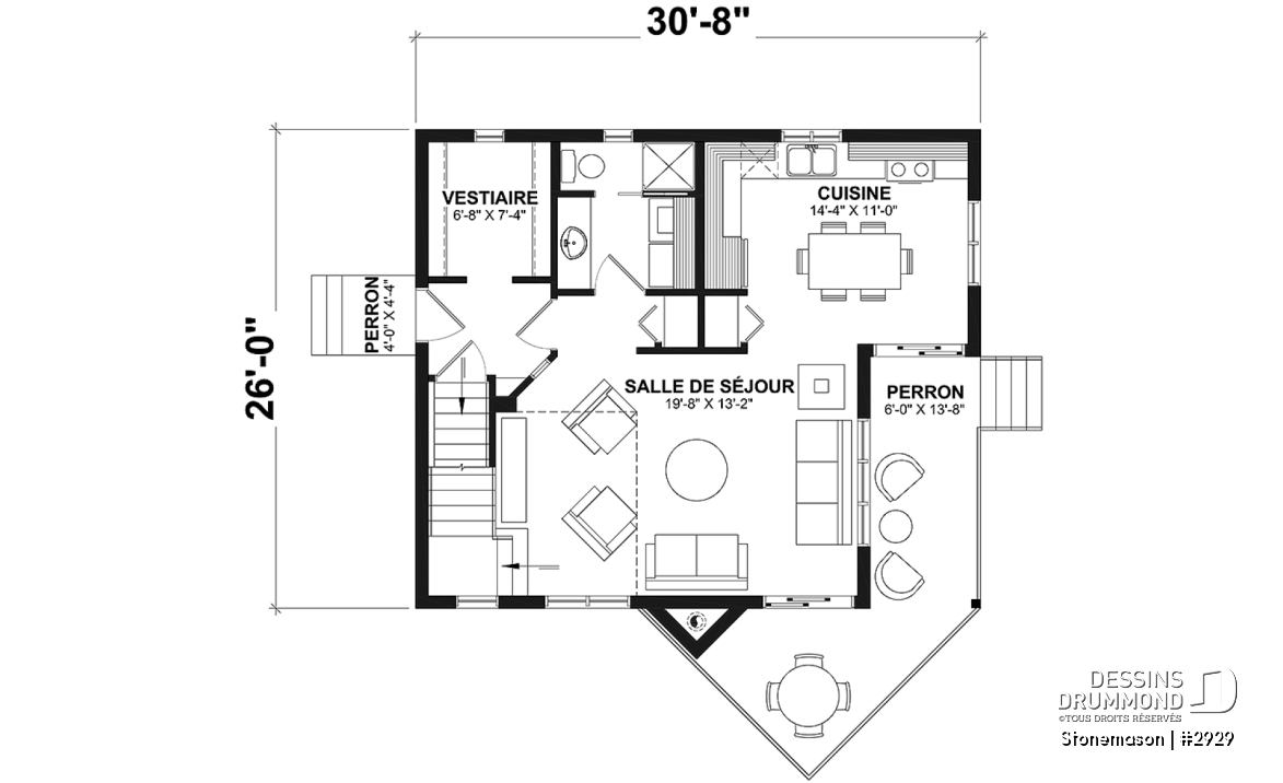 Rez-de-chaussée - Plan de maison / chalet rustique, grand vestiaire, grand salon, 2 chambres, 2 s.bain, mezzanine - Stonemason