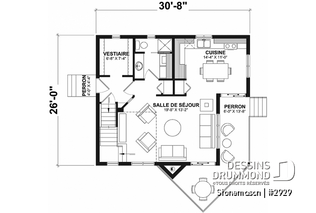 Rez-de-chaussée - Plan de maison / chalet rustique, grand vestiaire, grand salon, 2 chambres, 2 s.bain, mezzanine - Stonemason