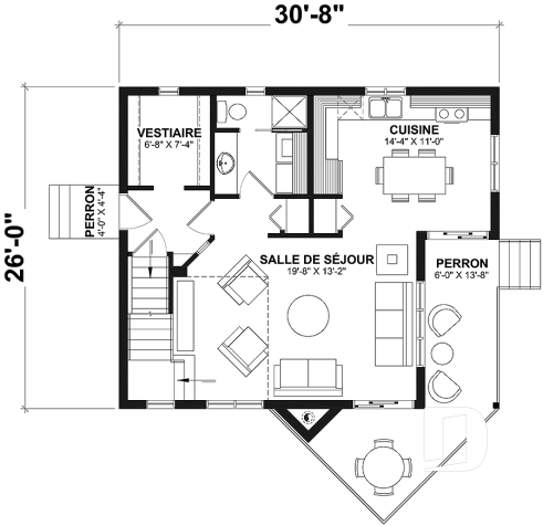 Rez-de-chaussée - Plan de maison / chalet rustique, grand vestiaire, grand salon, 2 chambres, 2 s.bain, mezzanine - Stonemason
