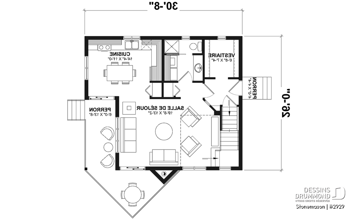 Rez-de-chaussée - Plan de maison / chalet rustique, grand vestiaire, grand salon, 2 chambres, 2 s.bain, mezzanine - Stonemason