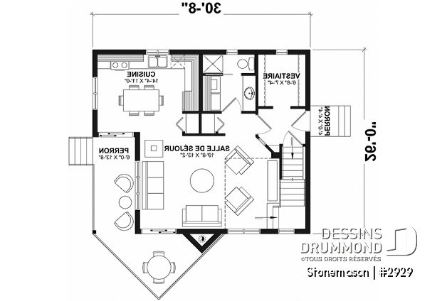 Rez-de-chaussée - Plan de maison / chalet rustique, grand vestiaire, grand salon, 2 chambres, 2 s.bain, mezzanine - Stonemason