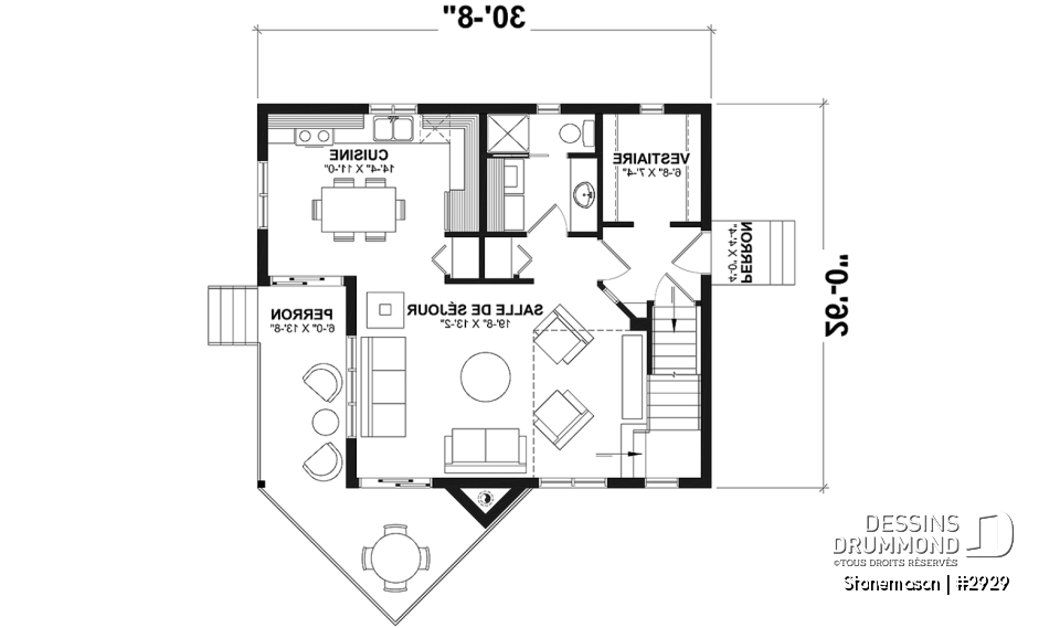 Rez-de-chaussée - Plan de maison / chalet rustique, grand vestiaire, grand salon, 2 chambres, 2 s.bain, mezzanine - Stonemason