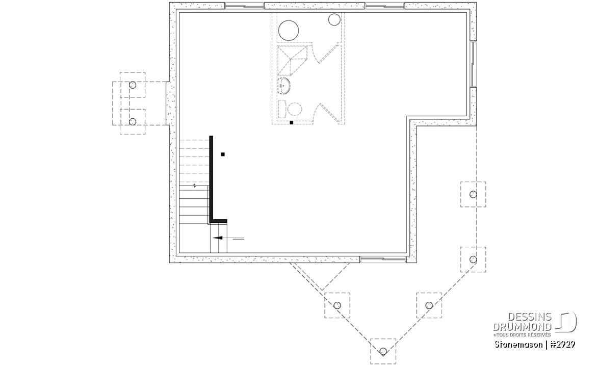 Sous-sol - Plan de maison / chalet rustique, grand vestiaire, grand salon, 2 chambres, 2 s.bain, mezzanine - Stonemason