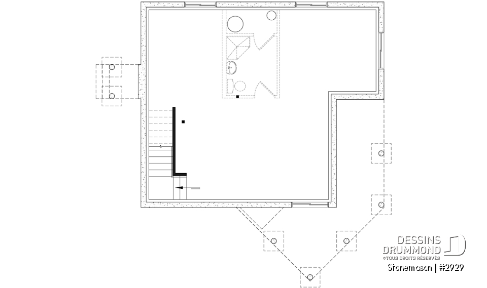 Sous-sol - Plan de maison / chalet rustique, grand vestiaire, grand salon, 2 chambres, 2 s.bain, mezzanine - Stonemason