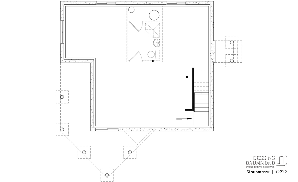 Sous-sol - Plan de maison / chalet rustique, grand vestiaire, grand salon, 2 chambres, 2 s.bain, mezzanine - Stonemason