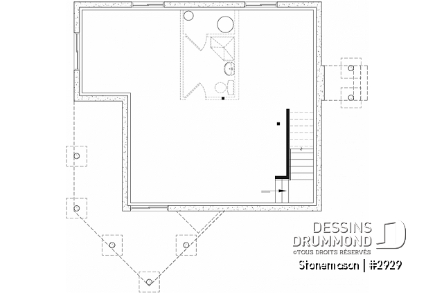 Sous-sol - Plan de maison / chalet rustique, grand vestiaire, grand salon, 2 chambres, 2 s.bain, mezzanine - Stonemason