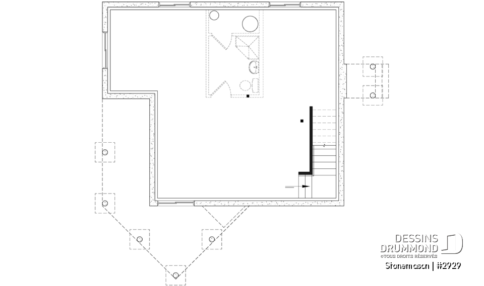 Sous-sol - Plan de maison / chalet rustique, grand vestiaire, grand salon, 2 chambres, 2 s.bain, mezzanine - Stonemason