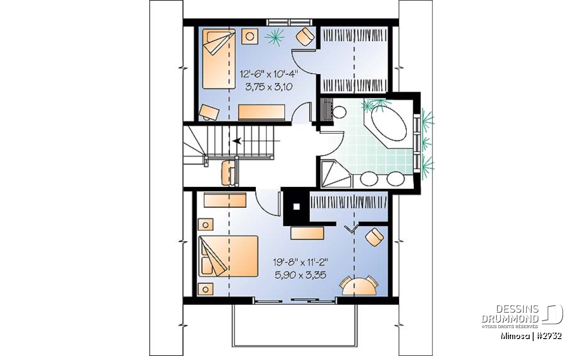 Étage - Plan de chalet Suisse, 3 chambres, 2 salles de bain et foyer ouvert au séjour et salle à manger - Mimosa