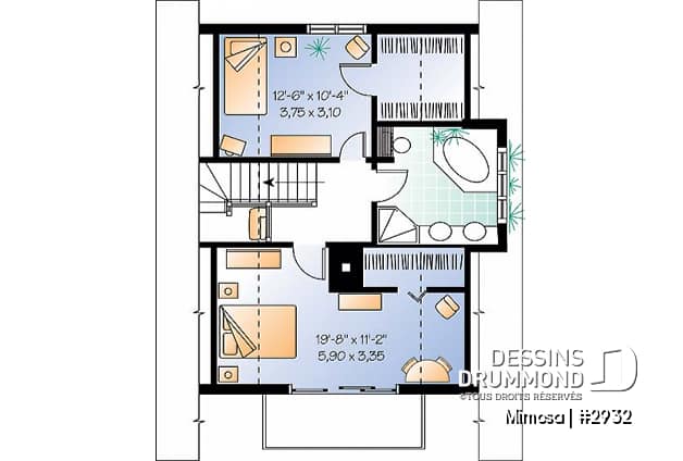 Étage - Plan de chalet Suisse, 3 chambres, 2 salles de bain et foyer ouvert au séjour et salle à manger - Mimosa