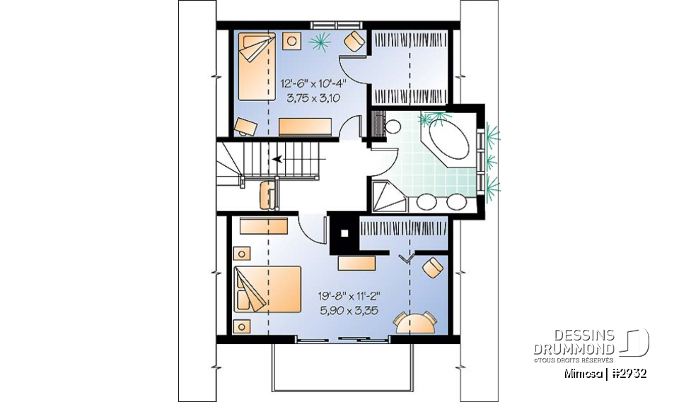 Étage - Plan de chalet Suisse, 3 chambres, 2 salles de bain et foyer ouvert au séjour et salle à manger - Mimosa