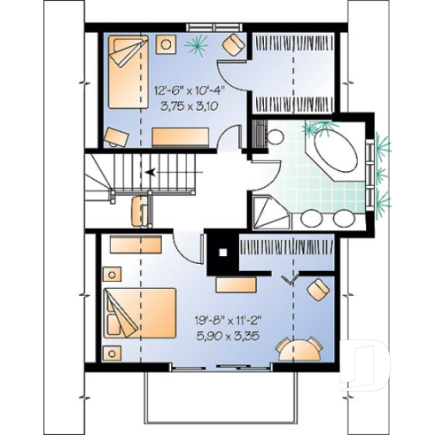 Étage - Plan de chalet Suisse, 3 chambres, 2 salles de bain et foyer ouvert au séjour et salle à manger - Mimosa