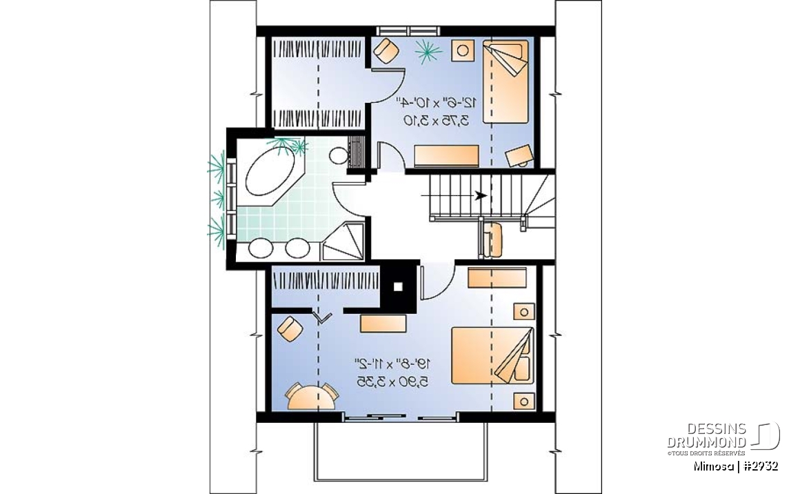 Étage - Plan de chalet Suisse, 3 chambres, 2 salles de bain et foyer ouvert au séjour et salle à manger - Mimosa