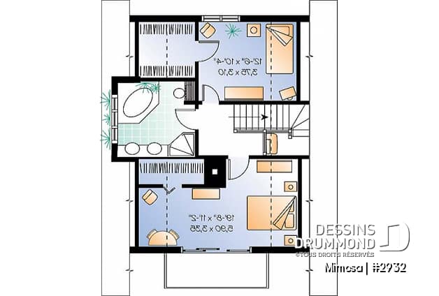 Étage - Plan de chalet Suisse, 3 chambres, 2 salles de bain et foyer ouvert au séjour et salle à manger - Mimosa