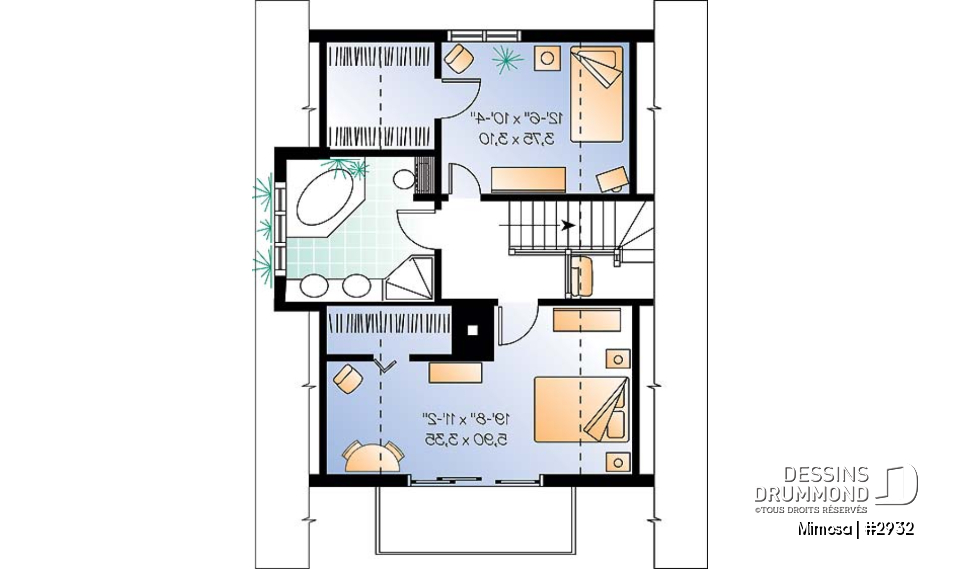 Étage - Plan de chalet Suisse, 3 chambres, 2 salles de bain et foyer ouvert au séjour et salle à manger - Mimosa