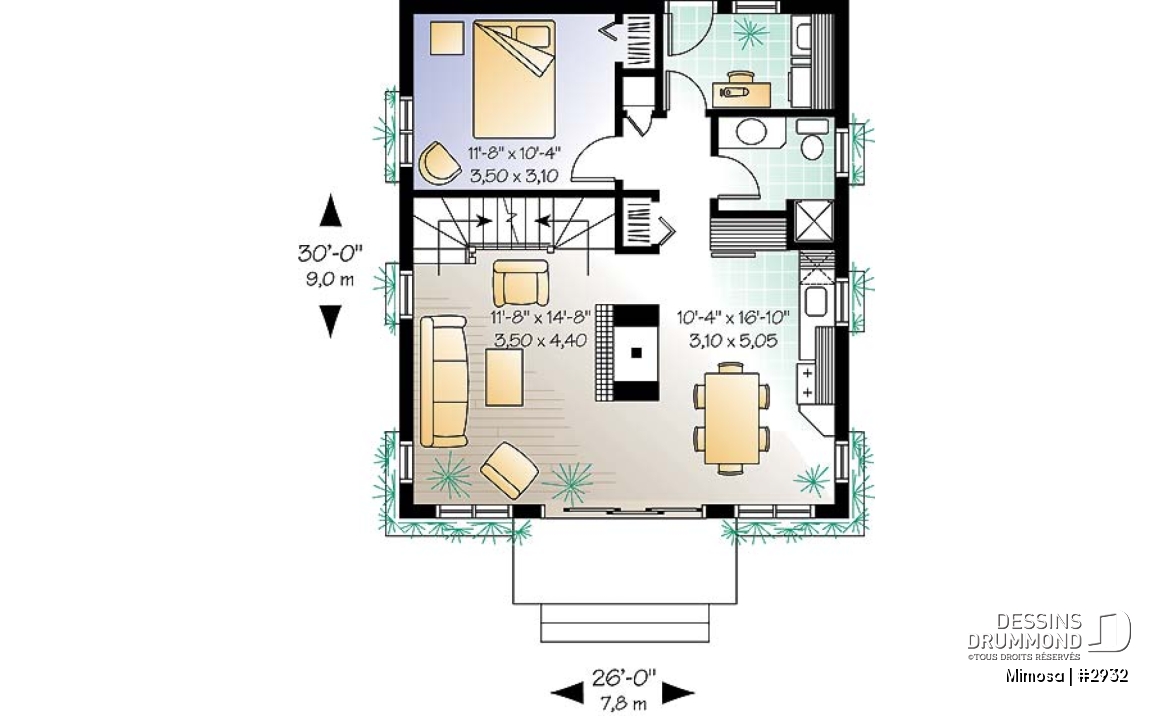 Rez-de-chaussée - Plan de chalet Suisse, 3 chambres, 2 salles de bain et foyer ouvert au séjour et salle à manger - Mimosa