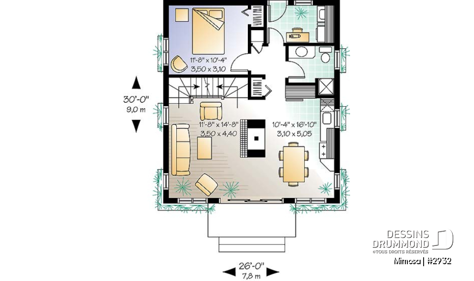 Rez-de-chaussée - Plan de chalet Suisse, 3 chambres, 2 salles de bain et foyer ouvert au séjour et salle à manger - Mimosa