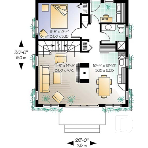 Rez-de-chaussée - Plan de chalet Suisse, 3 chambres, 2 salles de bain et foyer ouvert au séjour et salle à manger - Mimosa