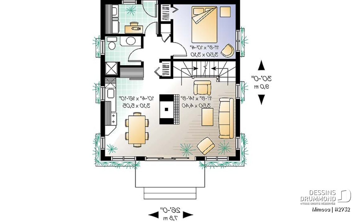 Rez-de-chaussée - Plan de chalet Suisse, 3 chambres, 2 salles de bain et foyer ouvert au séjour et salle à manger - Mimosa