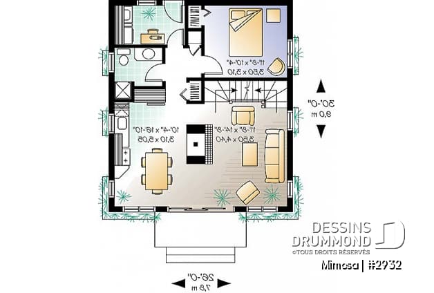 Rez-de-chaussée - Plan de chalet Suisse, 3 chambres, 2 salles de bain et foyer ouvert au séjour et salle à manger - Mimosa
