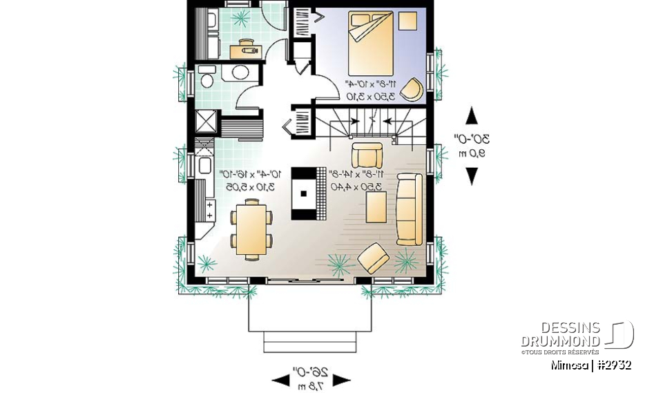 Rez-de-chaussée - Plan de chalet Suisse, 3 chambres, 2 salles de bain et foyer ouvert au séjour et salle à manger - Mimosa