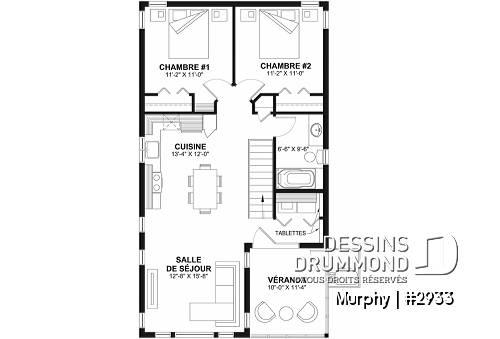 Étage - Plan de garage tandem 2 voitures + appartement 2 chambres à l'étage + balcon avec abri moustiquaire - Murphy