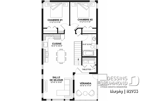 Étage - Plan de garage tandem 2 voitures + appartement 2 chambres à l'étage + balcon avec abri moustiquaire - Murphy