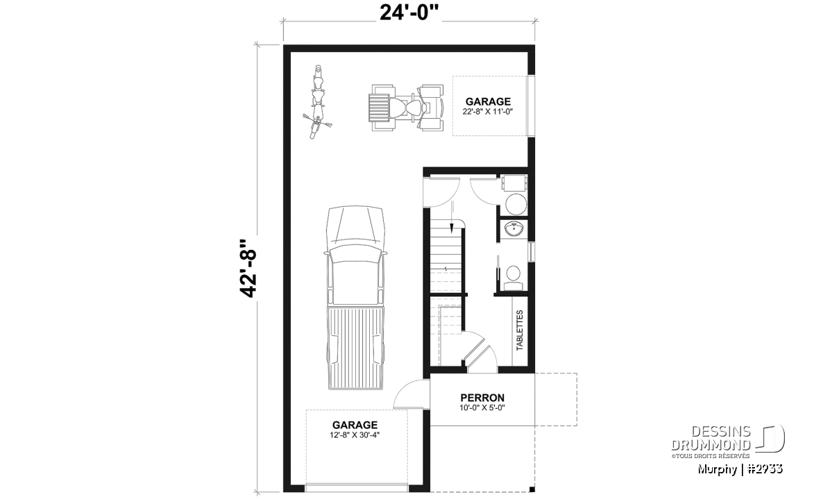 Rez-de-chaussée - Plan de garage avec appartement de 2 chambres à l'étage + balcon avec abri moustiquaire - Murphy