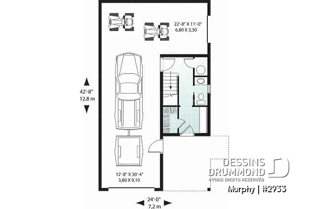 Rez-de-chaussée - Plan de garage tandem 2 voitures + appartement 2 chambres à l'étage + balcon avec abri moustiquaire - Murphy