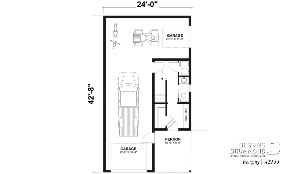 Rez-de-chaussée - Plan de garage avec appartement de 2 chambres à l'étage + balcon avec abri moustiquaire - Murphy