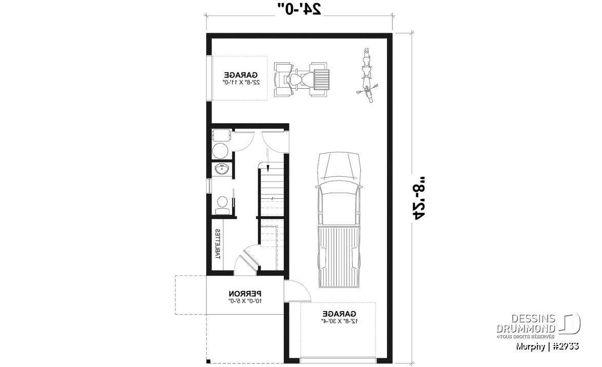 Rez-de-chaussée - Plan de garage avec appartement de 2 chambres à l'étage + balcon avec abri moustiquaire - Murphy