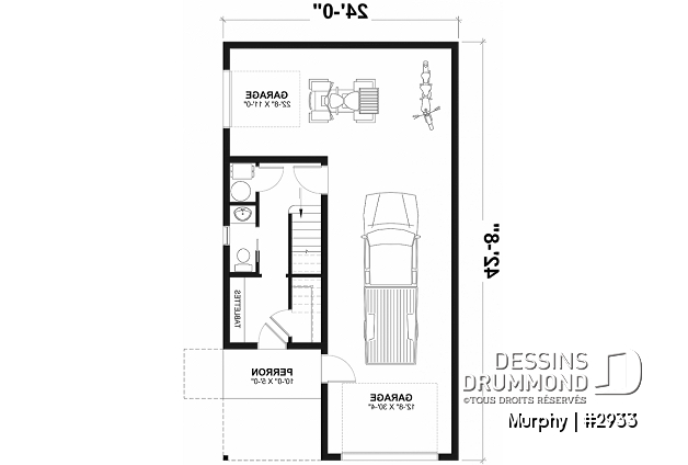 Rez-de-chaussée - Plan de garage tandem 2 voitures + appartement 2 chambres à l'étage + balcon avec abri moustiquaire - Murphy