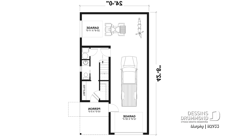Rez-de-chaussée - Plan de garage avec appartement de 2 chambres à l'étage + balcon avec abri moustiquaire - Murphy