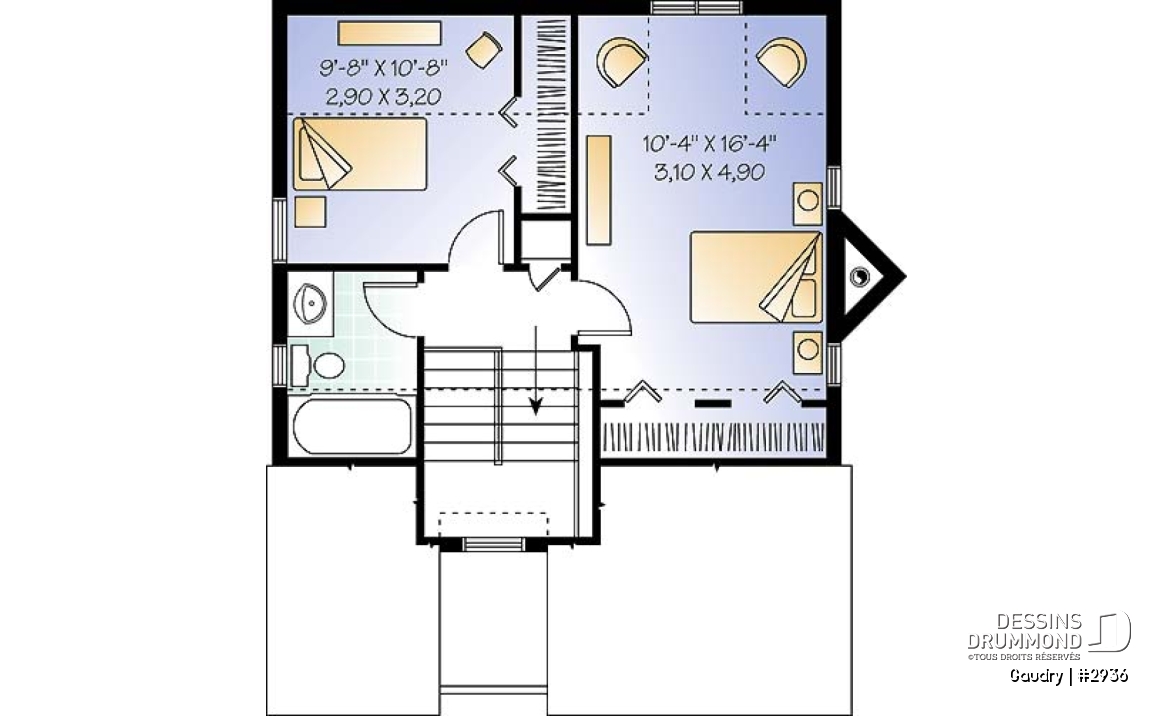 Étage - Plan maison à étage, 2 chambres, 2 salles de bain, vestiaire, foyer, beau cachet - Gaudry