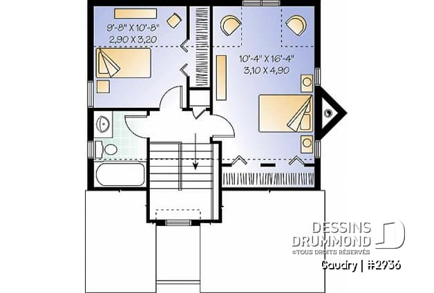 Étage - Plan maison à étage, 2 chambres, 2 salles de bain, vestiaire, foyer, beau cachet - Gaudry
