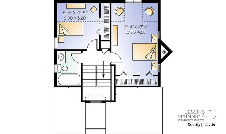 Étage - Plan maison à étage, 2 chambres, 2 salles de bain, vestiaire, foyer, beau cachet - Gaudry