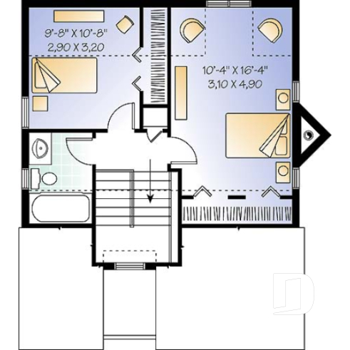 Étage - Plan maison à étage, 2 chambres, 2 salles de bain, vestiaire, foyer, beau cachet - Gaudry
