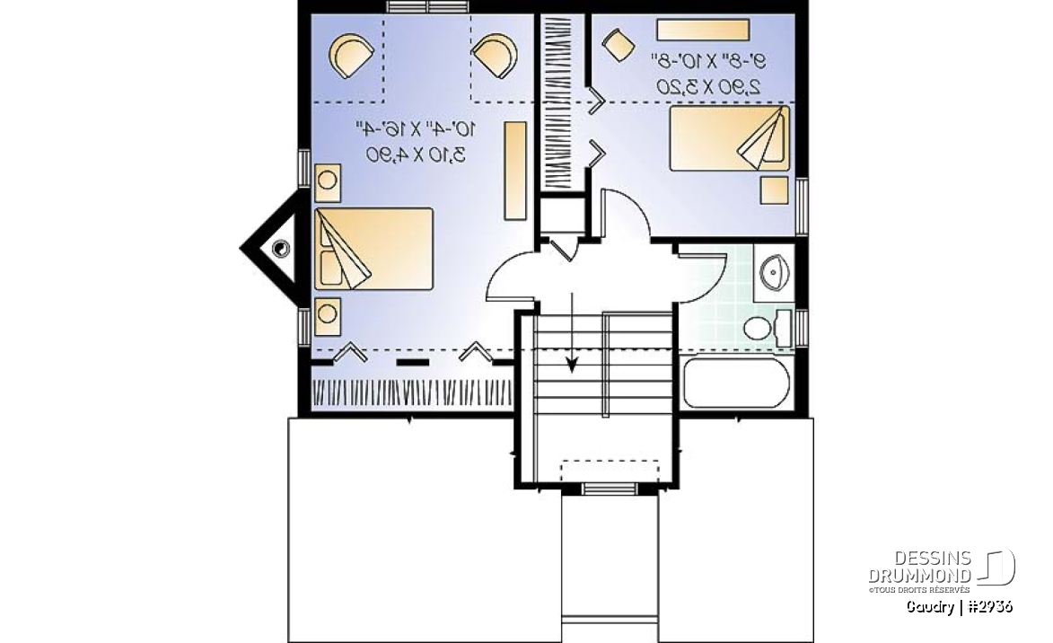 Étage - Plan maison à étage, 2 chambres, 2 salles de bain, vestiaire, foyer, beau cachet - Gaudry