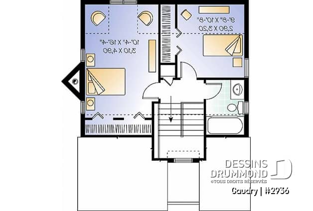 Étage - Plan maison à étage, 2 chambres, 2 salles de bain, vestiaire, foyer, beau cachet - Gaudry