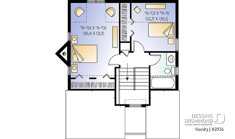 Étage - Plan maison à étage, 2 chambres, 2 salles de bain, vestiaire, foyer, beau cachet - Gaudry