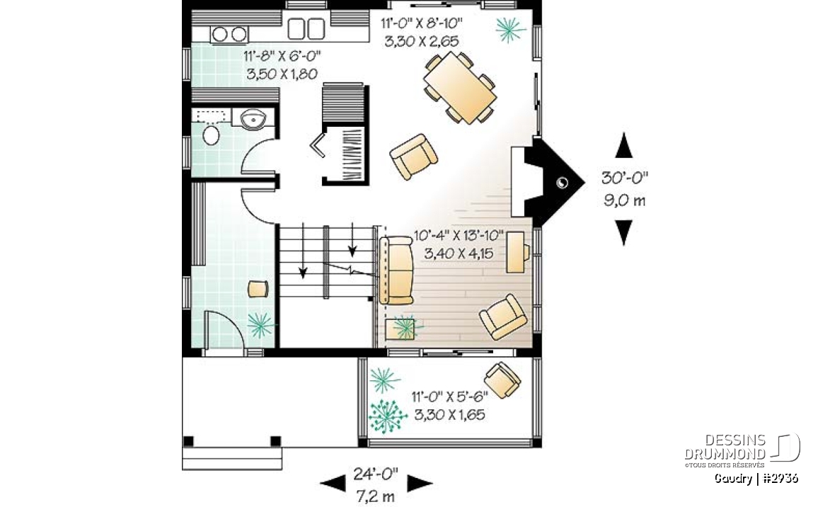 Rez-de-chaussée - Plan maison à étage, 2 chambres, 2 salles de bain, vestiaire, foyer, beau cachet - Gaudry