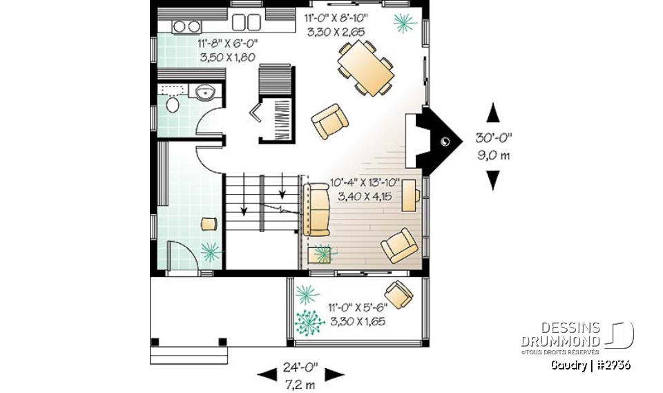 Rez-de-chaussée - Plan maison à étage, 2 chambres, 2 salles de bain, vestiaire, foyer, beau cachet - Gaudry