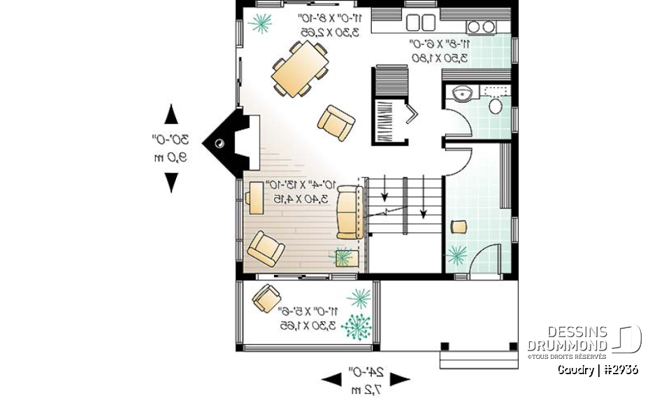 Rez-de-chaussée - Plan maison à étage, 2 chambres, 2 salles de bain, vestiaire, foyer, beau cachet - Gaudry