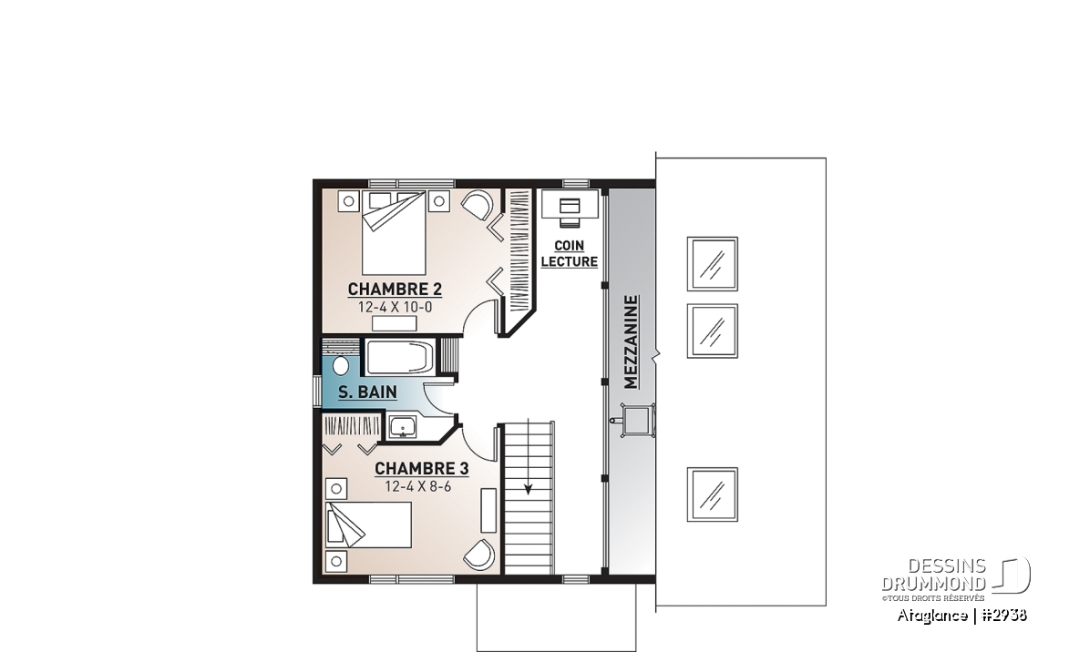 Étage - Modèle de Chalet lumineux avec mezzanine et plafond en pente, parfait pour terrain au bord d’un lac. - Ataglance