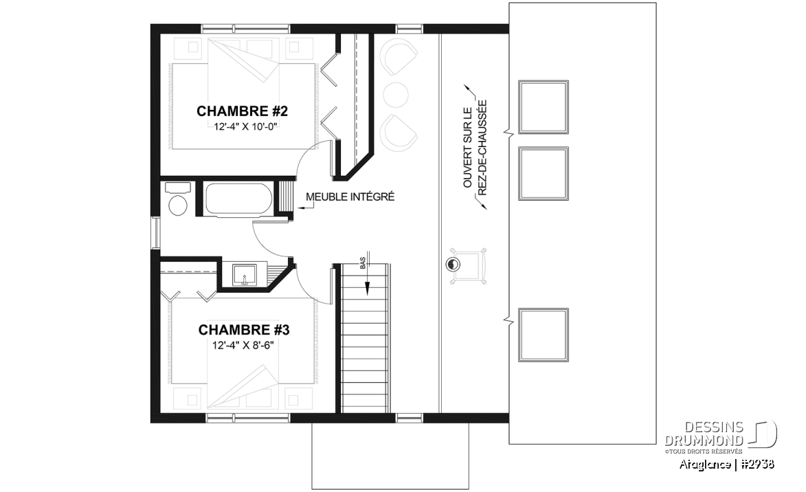 Étage - Modèle de Chalet lumineux avec mezzanine et plafond en pente, parfait pour terrain au bord d’un lac. - Ataglance