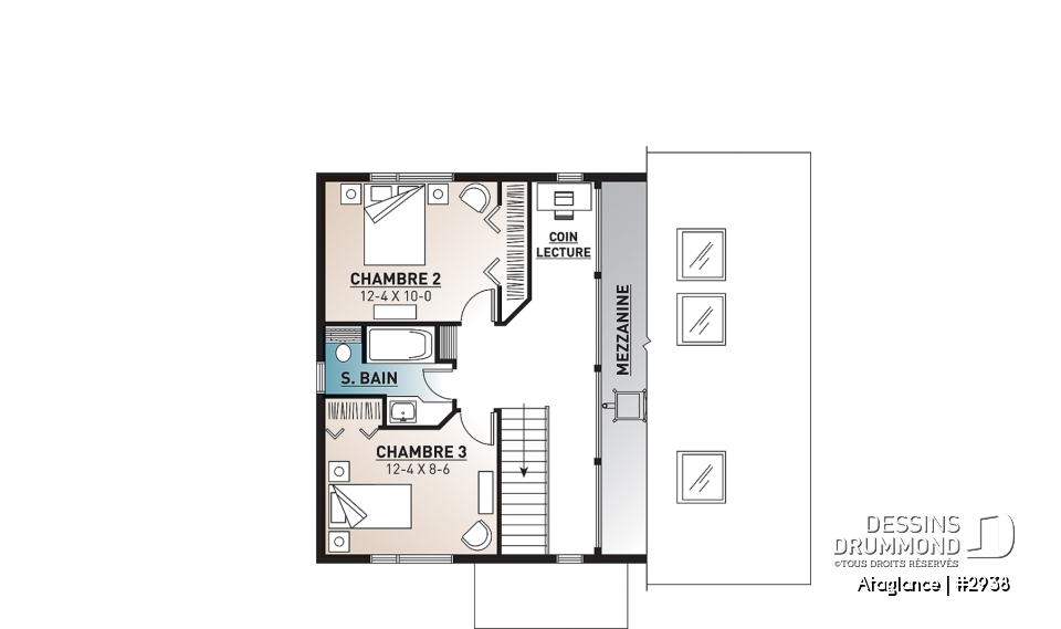 Étage - Modèle de Chalet lumineux avec mezzanine et plafond en pente, parfait pour terrain au bord d’un lac. - Ataglance