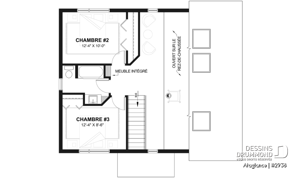Étage - Modèle de Chalet lumineux avec mezzanine et plafond en pente, parfait pour terrain au bord d’un lac. - Ataglance