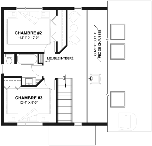 Étage - Modèle de Chalet lumineux avec mezzanine et plafond en pente, parfait pour terrain au bord d’un lac. - Ataglance