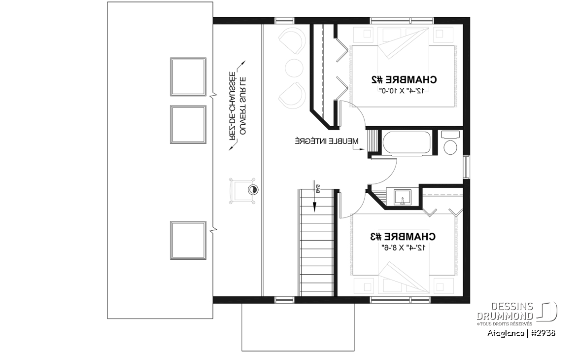 Étage - Modèle de Chalet lumineux avec mezzanine et plafond en pente, parfait pour terrain au bord d’un lac. - Ataglance
