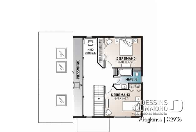 Étage - Plan de chalet 3 chambres, très fenestré, foyer, mezzanine, plafond cathédrale, tout en lumière - Ataglance